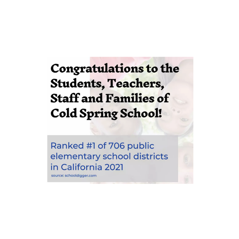 Congratularions to the Students, Teachers, Staff and Families of Cold Spring School! Ranked #1 of 706 public elementary school districts in California 2021.